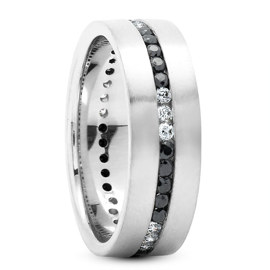 Auren 12 Carat Round Brilliant Cut Black and White Diamond Luxury Men's Wedding Band in 14k White Gold