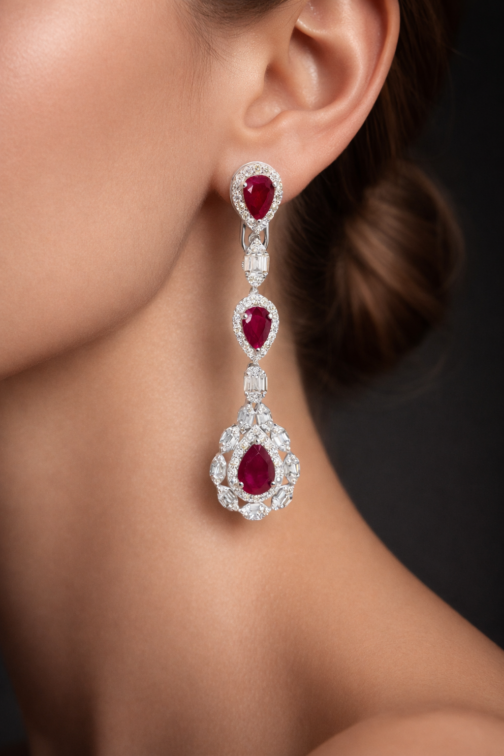 Baylor Ruby & Diamond Three Tier Drop Earrings in 14K White Gold