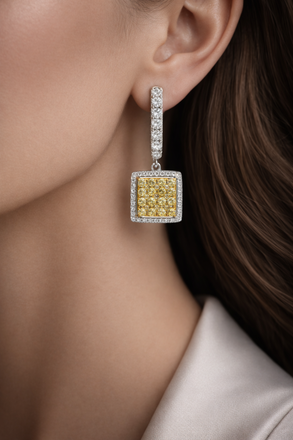 Benicia 2 Carats Round Fancy Yellow Diamond Square Drop Earrings in 18K White Gold