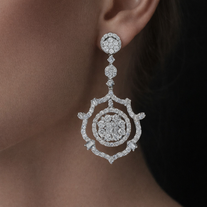Berlin 5 Carats Round and Baguette Diamond Drop Earrings in 18K White Gold
