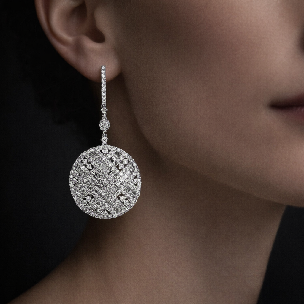 Brioni 7 Carats Round and Baguette Diamond Circle Drop Earrings in 14K White Gold
