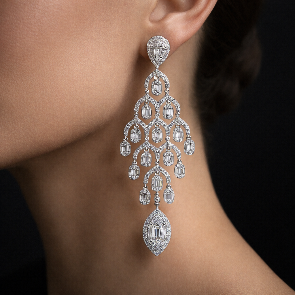 Bronwyn 5 Carats Baguette and Round Diamond Chandelier Drop Earrings in 14K White Gold