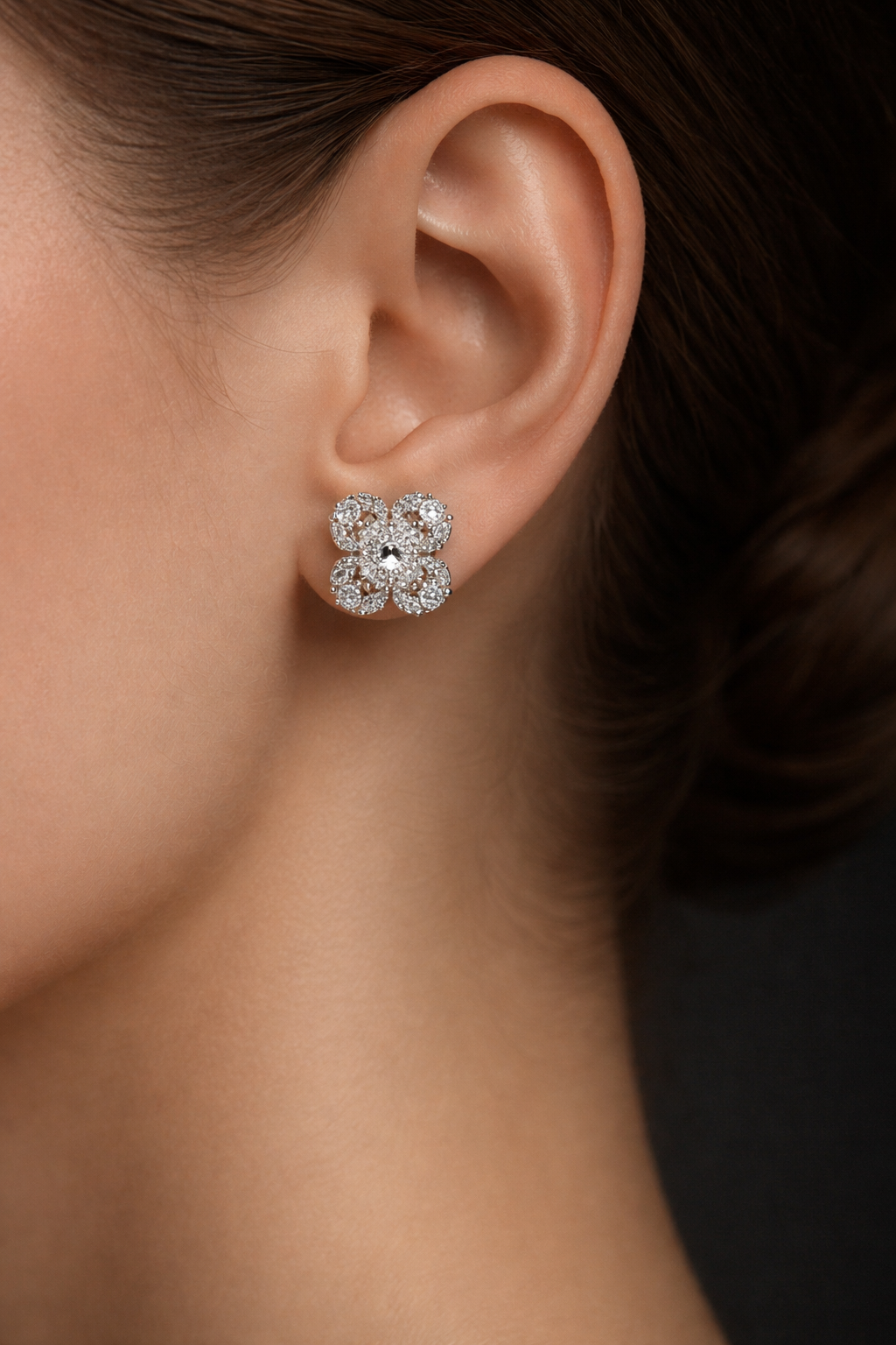 Cally 1 Carat Emerald & Round Clover Diamond Stud Earrings in 14K White Gold