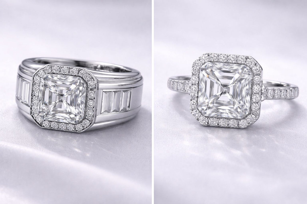 Two diamond rings with intricate designs on a light gray background