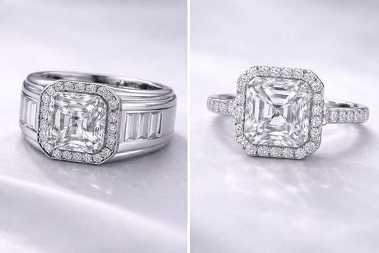 Two diamond rings with intricate designs on a light gray background