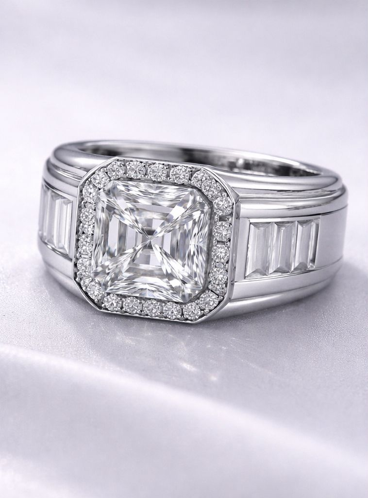 Diamond ring with a large central gemstone and smaller stones on a light gray background For Men