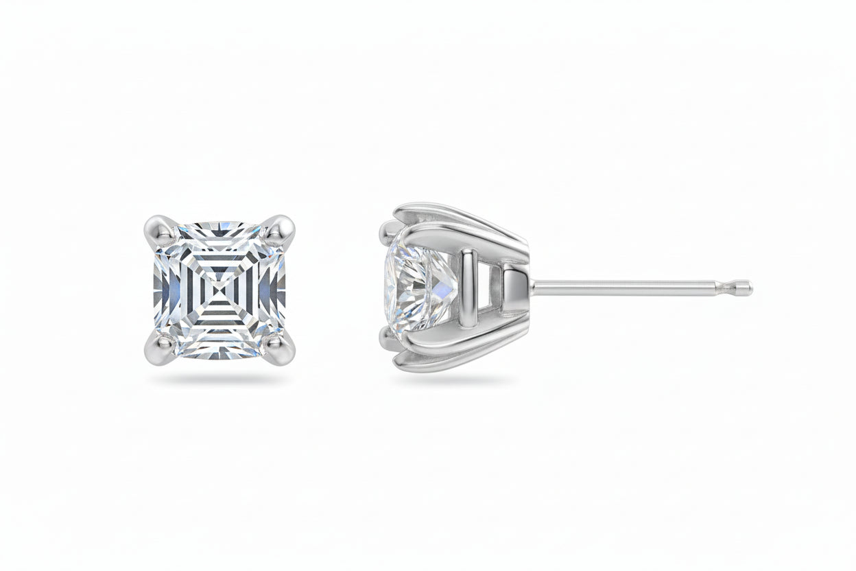Cyrene 1.81 Carat and 1.52 Carat Asscher Cut Diamond Stud Double Claw Earrings in 14k White Gold
