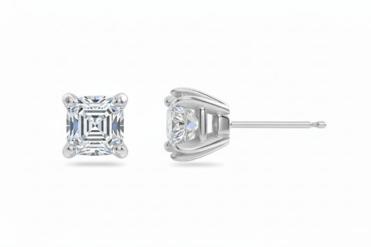 Cyrene 1.81 Carat and 1.52 Carat Asscher Cut Diamond Stud Double Claw Earrings in 14k White Gold