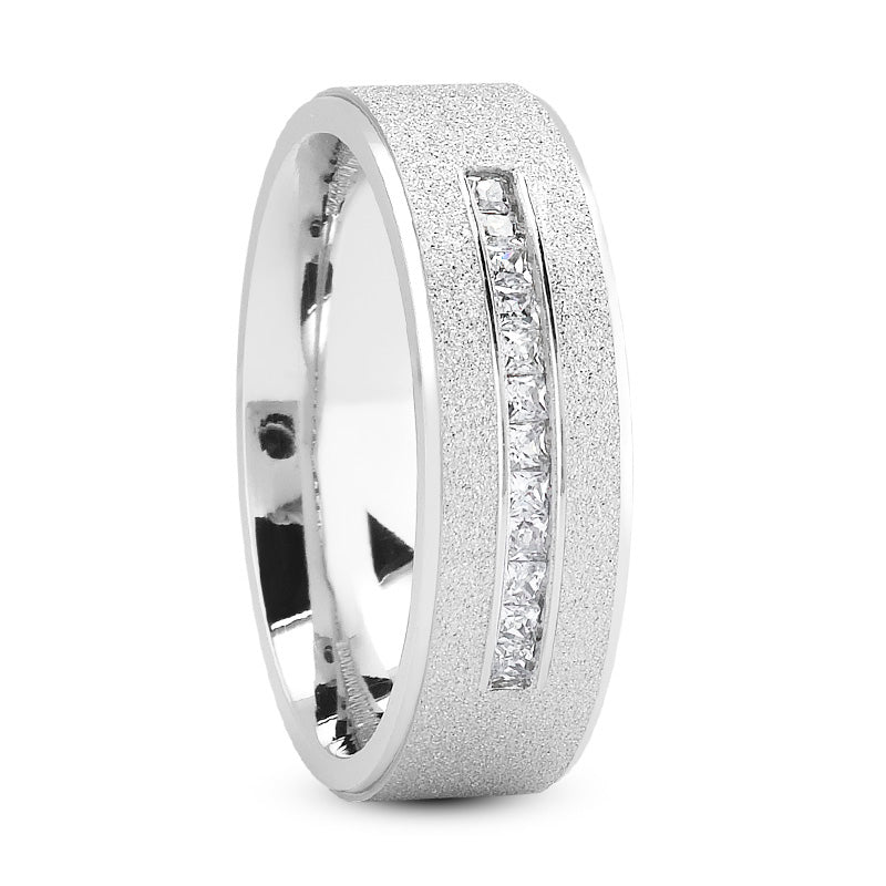 Ryan Men's Diamond Sandblast Wedding Ring Princess Cut in 14K White Gold