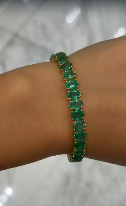 Dione 22.90 Carats Oval Cut Zambian Green Emerald Tennis Bracelet in 18k Yellow Gold