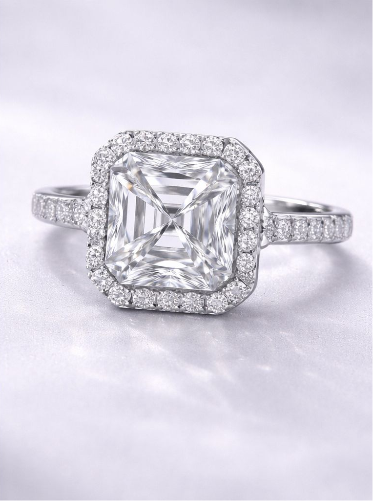 Diamond ring with a large central gemstone and smaller stones around on a light gray background for Women