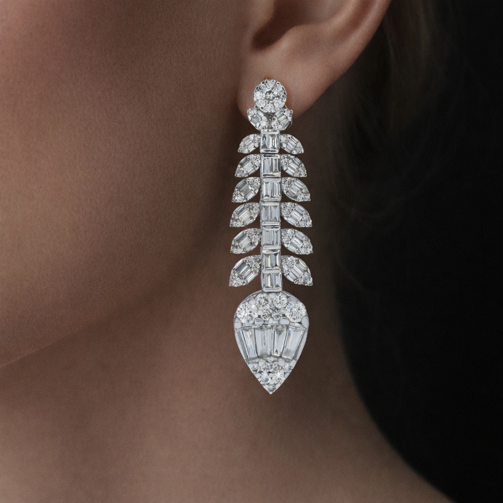 Electra 4 Carats Baguette and Round Petal Vine Diamond Drop Earrings in 14K White Gold