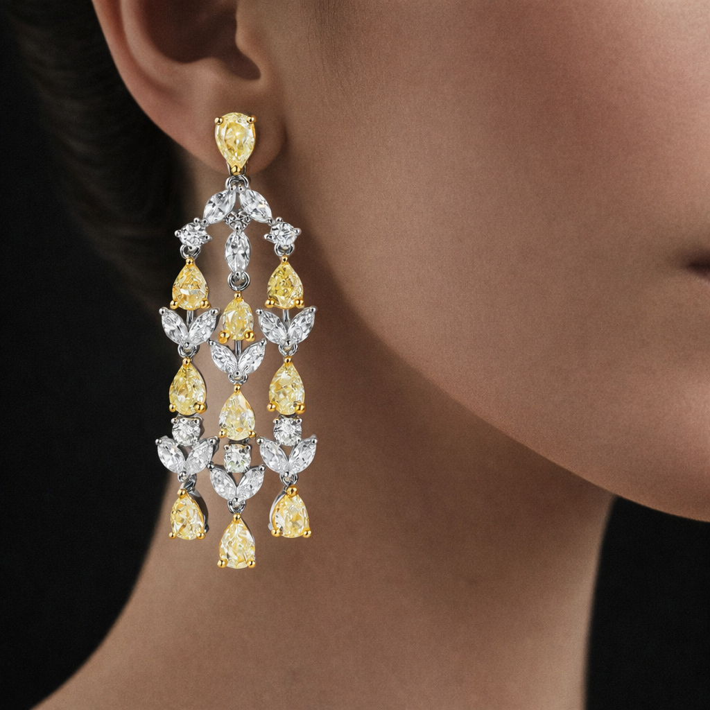 Elowyn 9 Carats Pear Cut Fancy Yellow Diamond Chandelier Drop Earrings in 14K White Gold