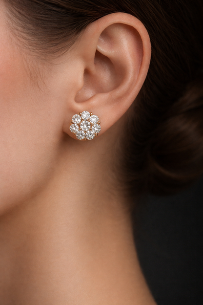 Foster 3 Carats Round Cut Flower Set Diamond Stud Earrings in 14K Rose Gold