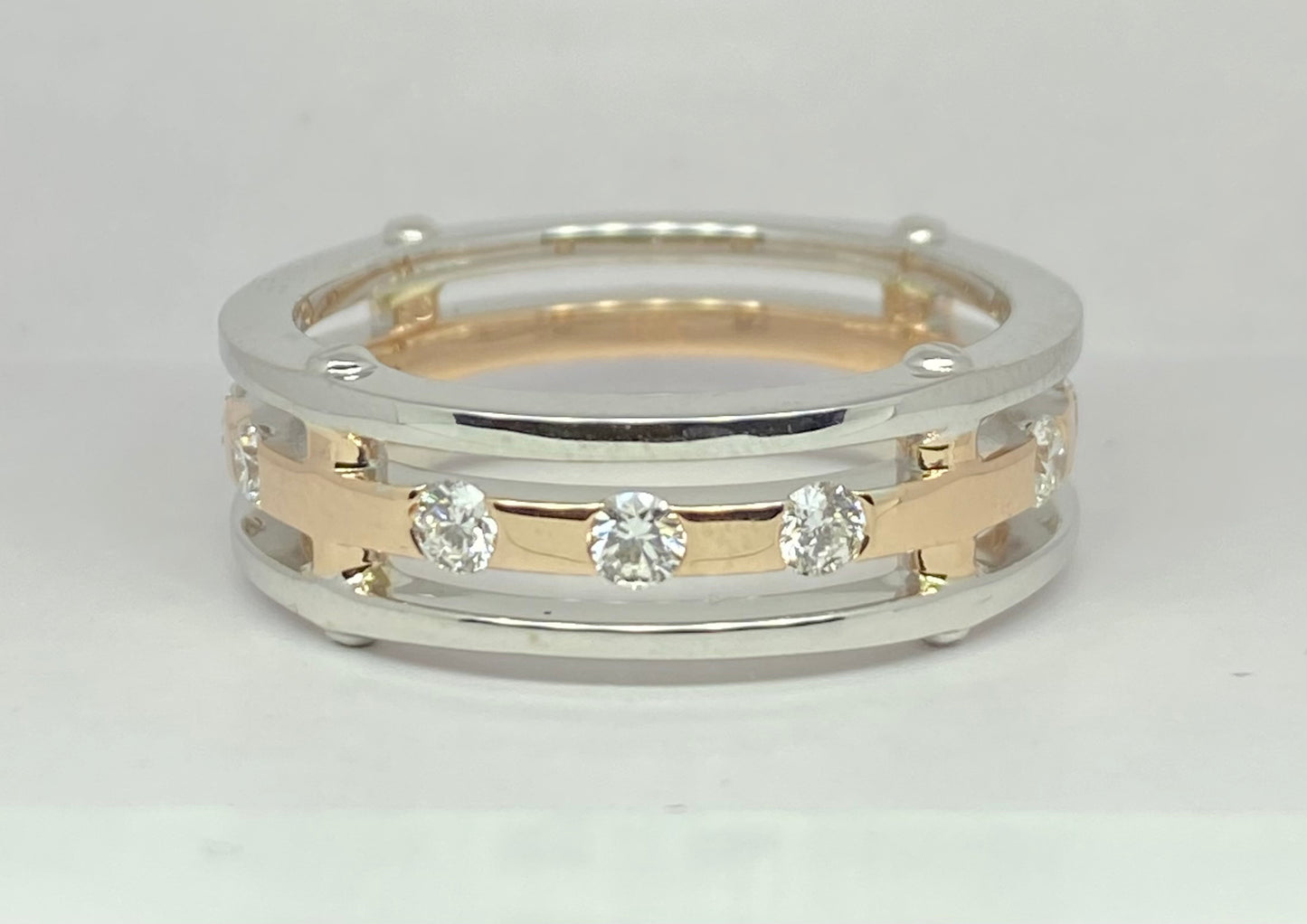 3 Row Men wedding band , rose gold and white gold with Screws and 9 lab grown diamonds 10k gold