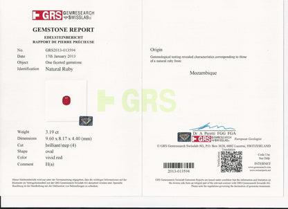 GRS Report 3.19 Carats Oval Cut Heat Pigeon Blood Red Ruby Loose Gemstone