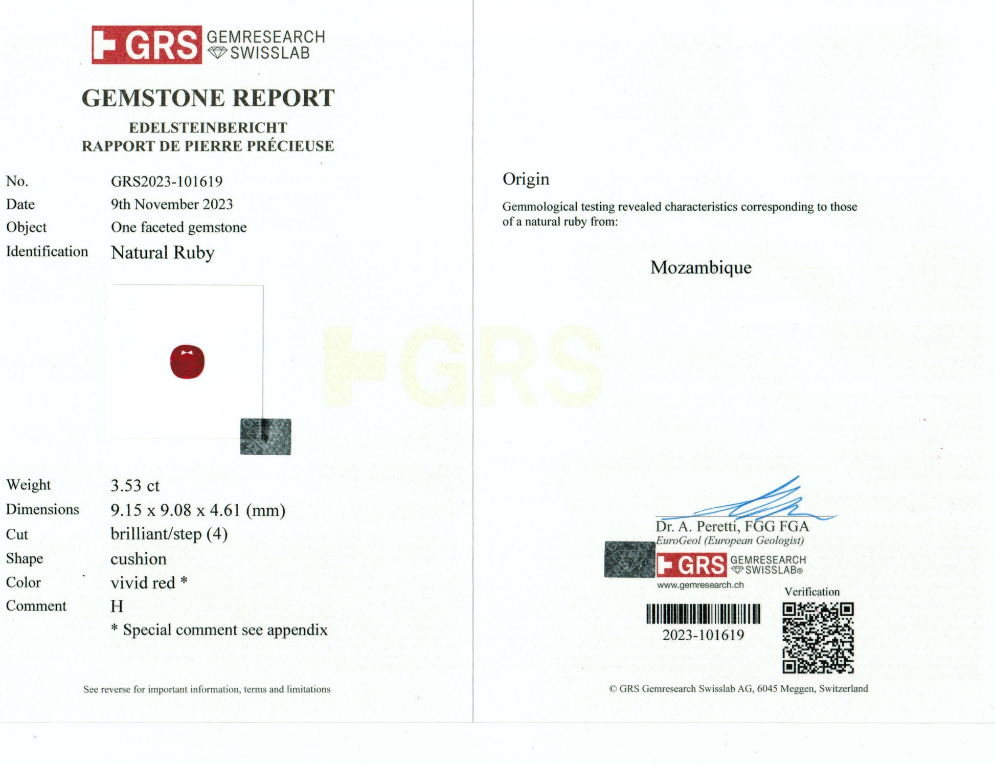 GRS Report 3.53 Carats Cushion Cut Heat Pigeon Blood Red Ruby Loose Gemstone