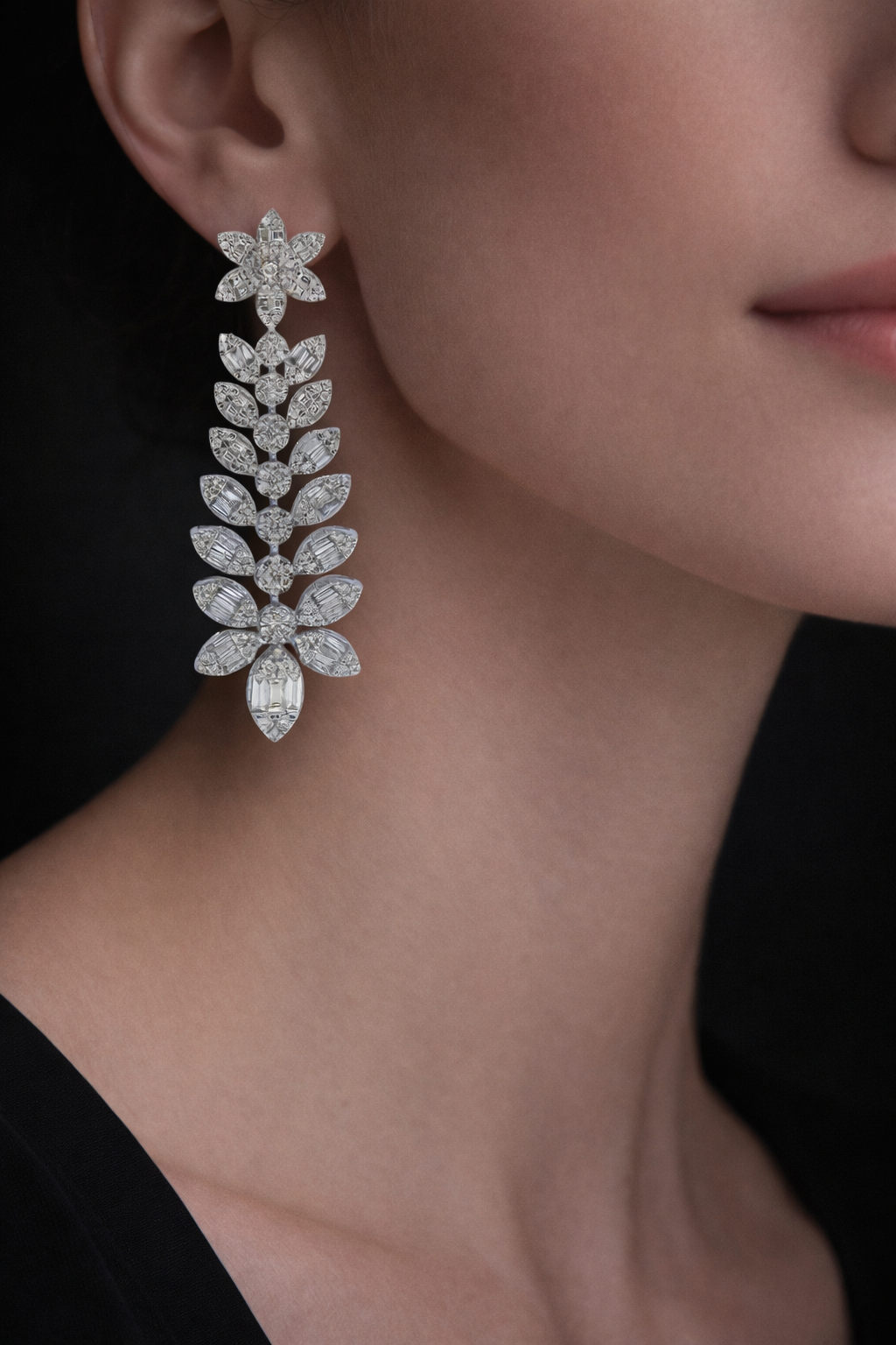 Gwynne 5 Carats Baguette and Round Diamond Flower Drop Earrings in 14K White Gold
