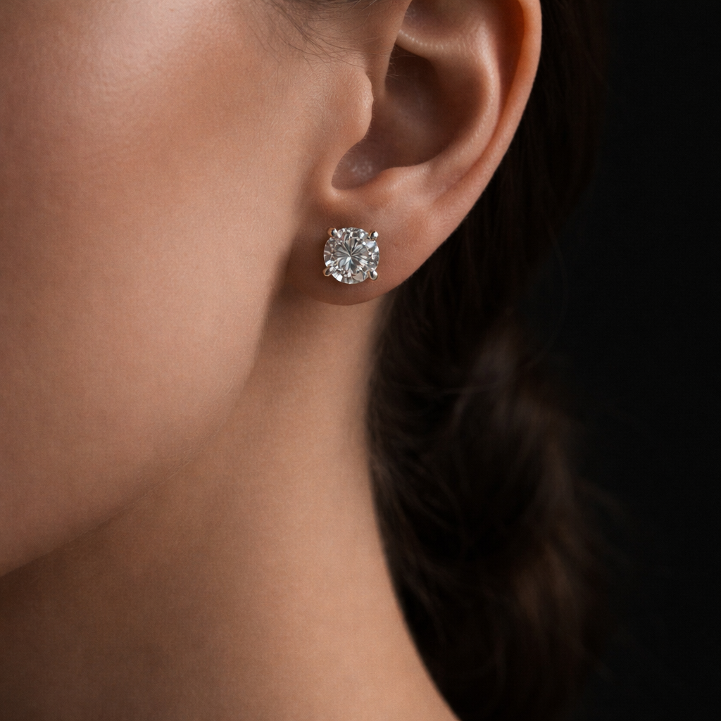 Jianna 3 Carats Solitaire Round Diamond Stud Earrings in 14K White Gold On Ear
