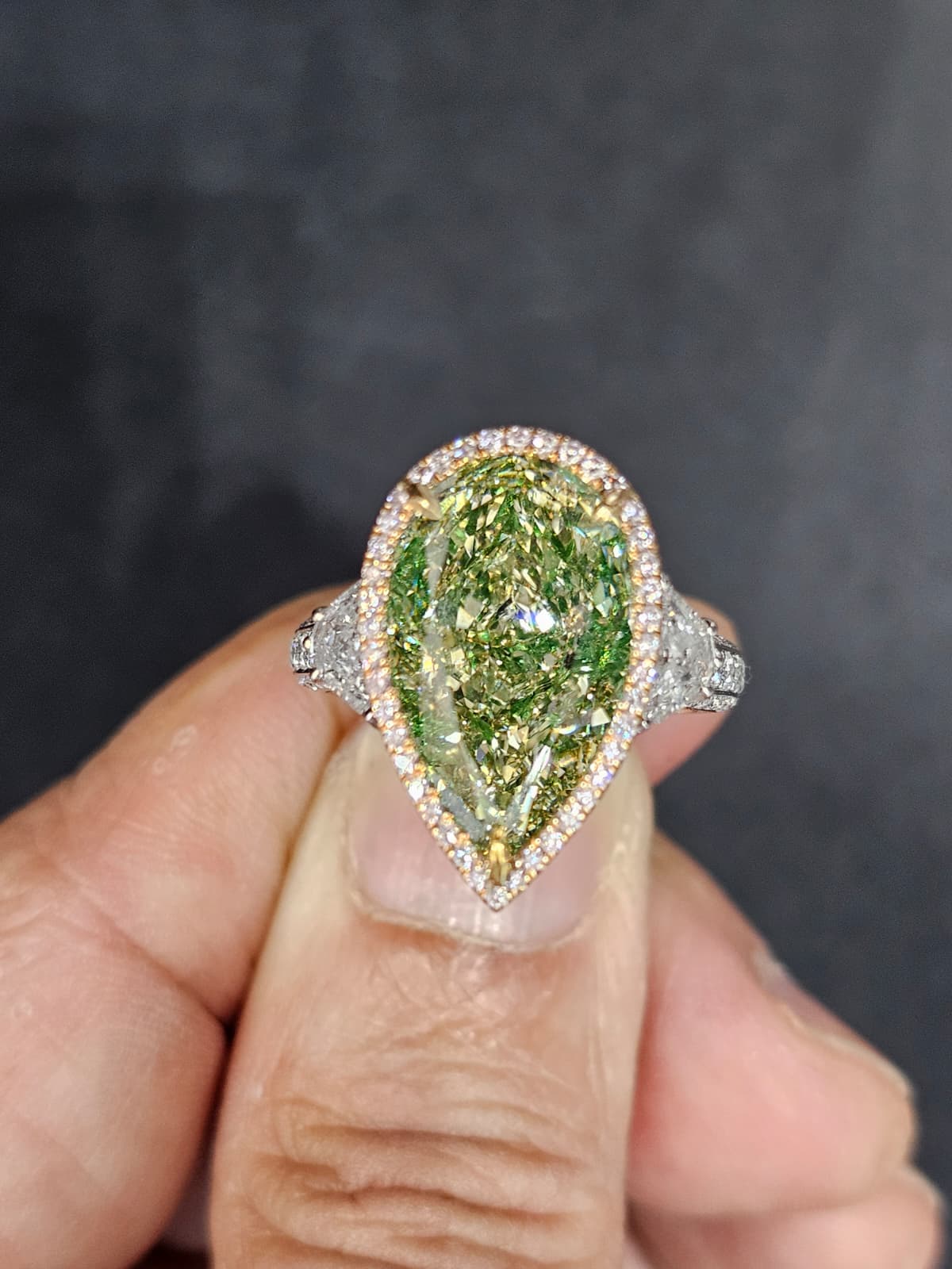 Kailany 10 Carat Fancy Brownish Greenish Yellow SI1 Pear Cut Diamond Engagement Ring in 18K White Gold. GIA Certified 