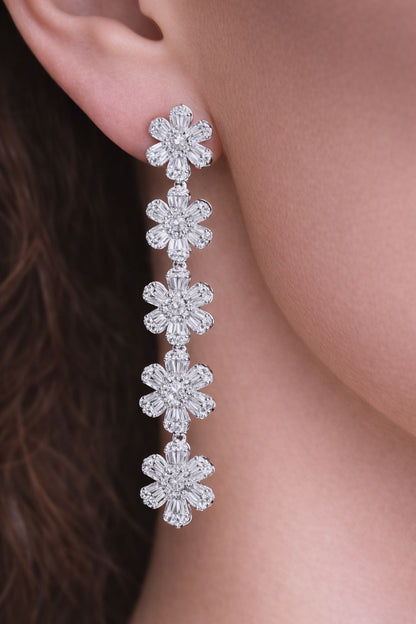 Katniss 2 Carats Round and Baguette Diamond Flower Vine Drop Earrings in 14K White Gold