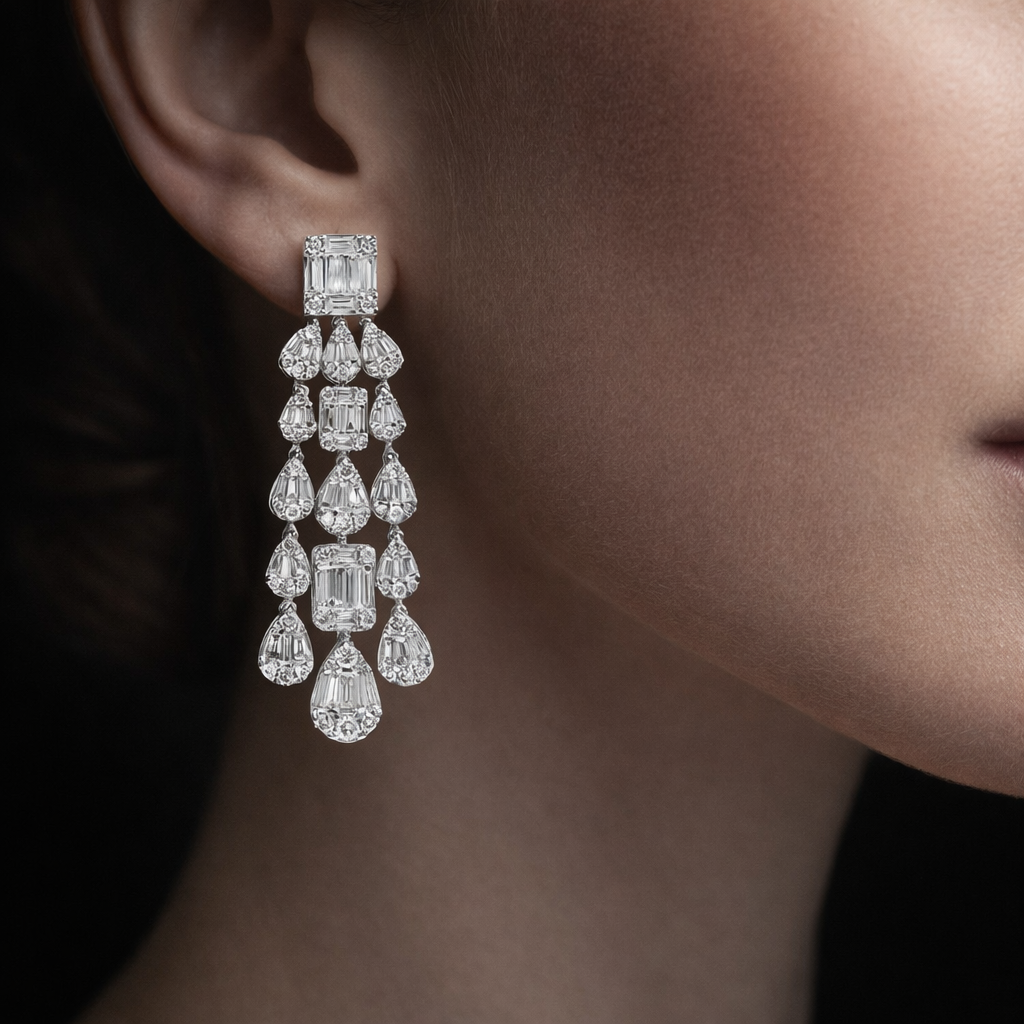Diamond earring worn by a person, focusing on the jewelry detail.