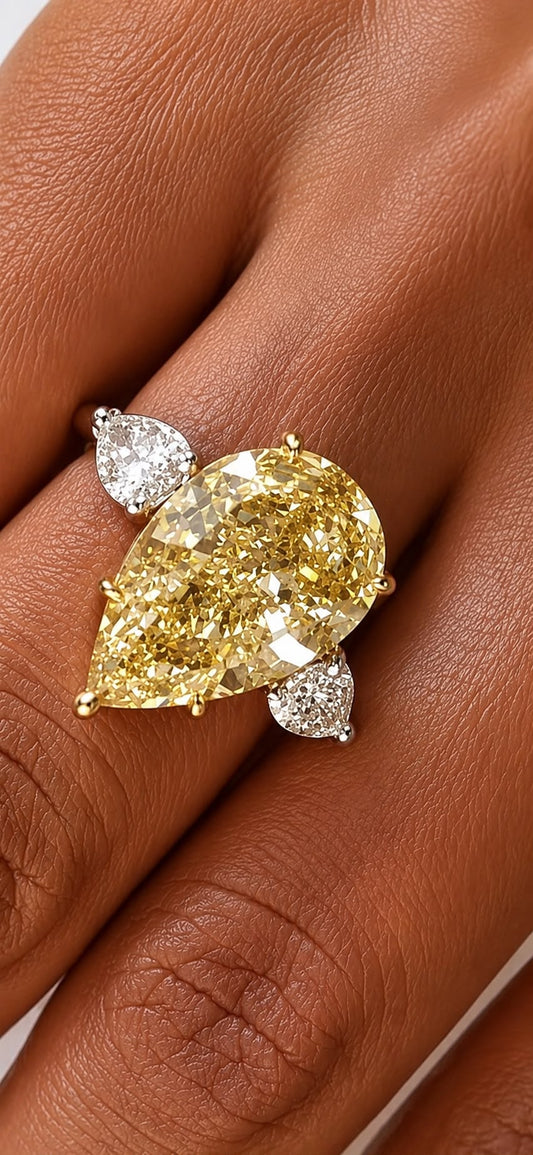 Kiora 6.70 Carats Fancy Yellow Pear Shape Diamond Ring in Platinum and 18k Yellow Gold