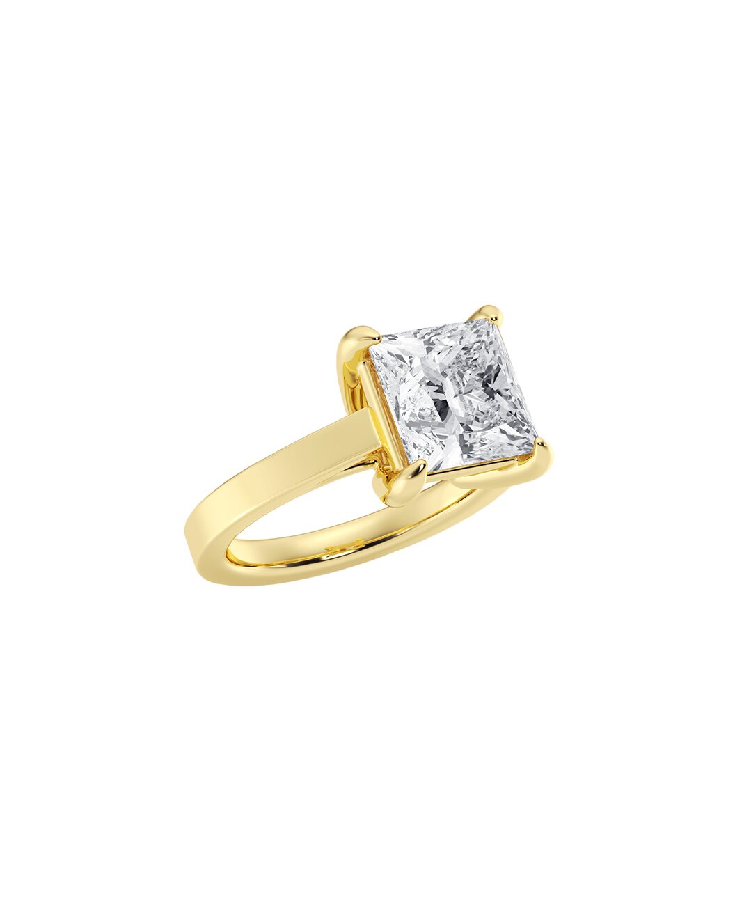 Gold ring with a princess-cut diamond on a white background