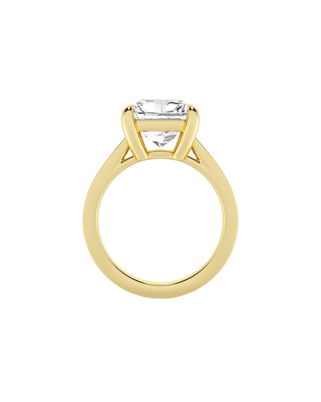 Gold ring with a clear princess cut diamond on a white background