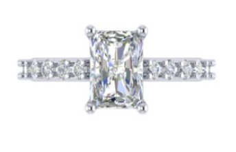 Diamond ring with a radiant center stone on a white background