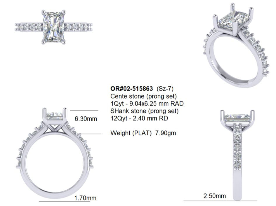 Platinum ring with diamond accents on a white background