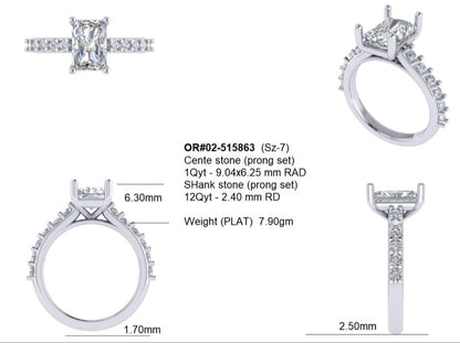 Platinum ring with diamond accents on a white background