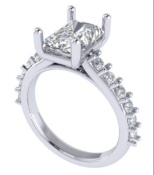 Diamond ring with a prominent center stone and smaller stones on the band against a white background