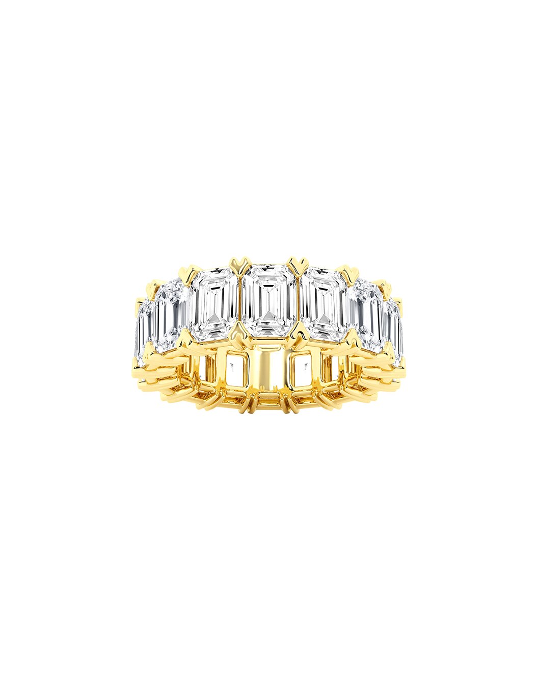 Gold ring with emerald-cut diamonds on a white background