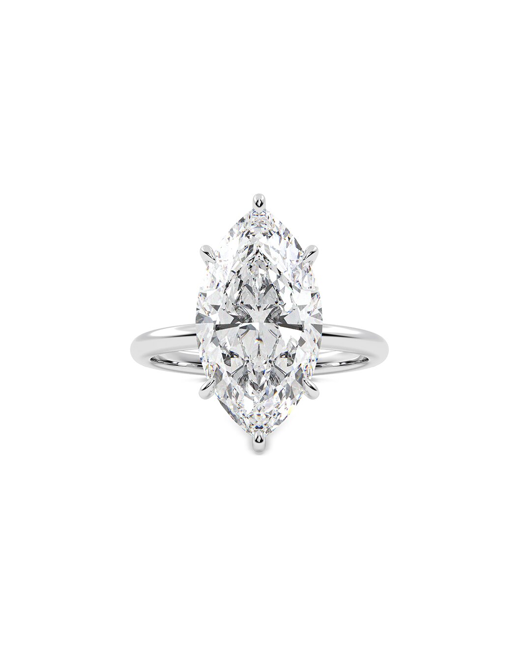 Diamond ring with a marquise-shaped center stone on a white background