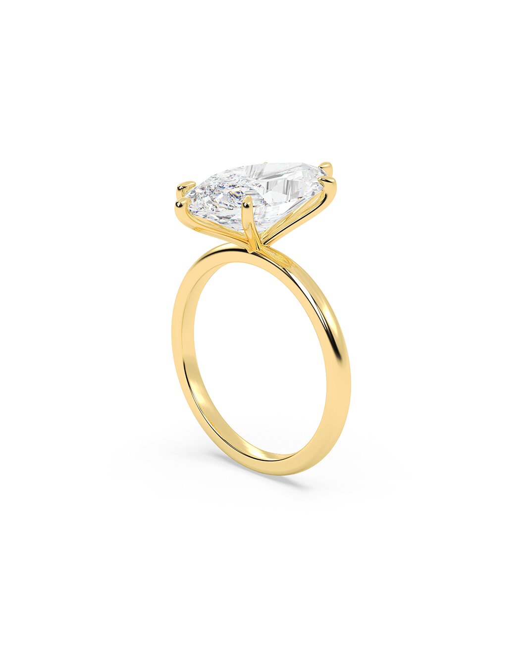 Gold ring with a marquise-shaped diamond on a white background