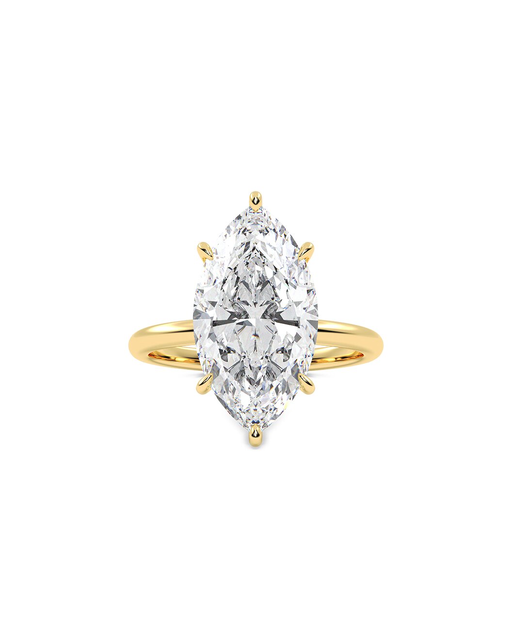 Gold ring with a large marquise-shaped diamond on a white background