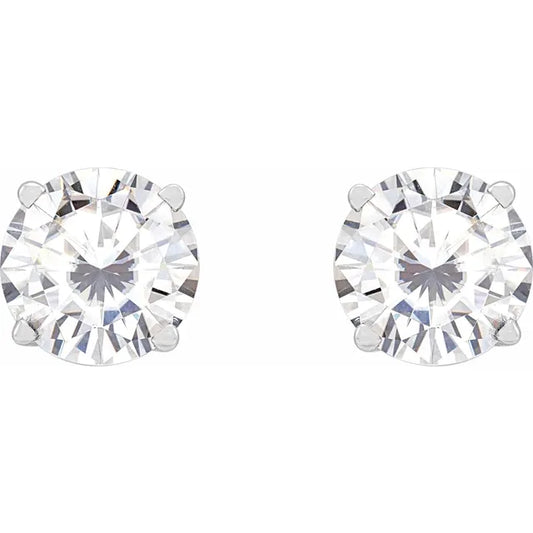 Pair of round diamond stud earrings on a white background