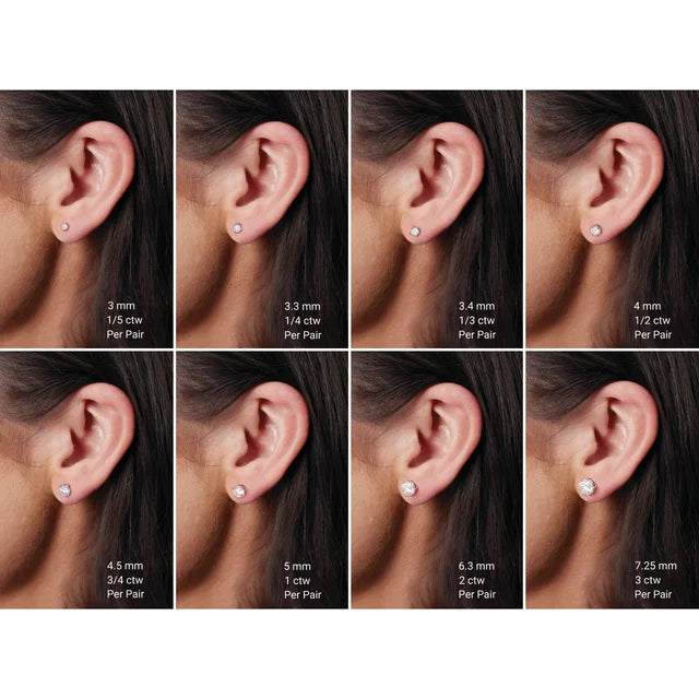 Earring sizes displayed on ears with measurements