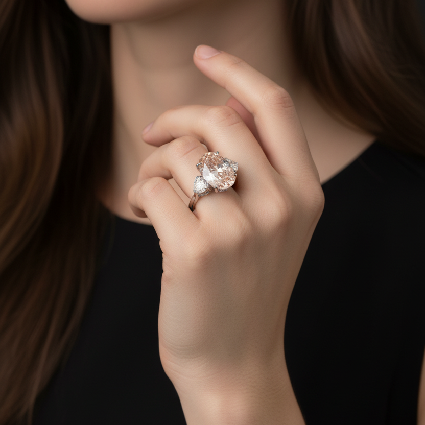 Close-up of a hand wearing a diamond ring against a dark background
