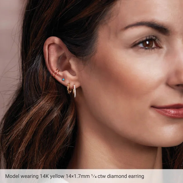 Close-up of a woman wearing a diamond earring with text about the earring details.