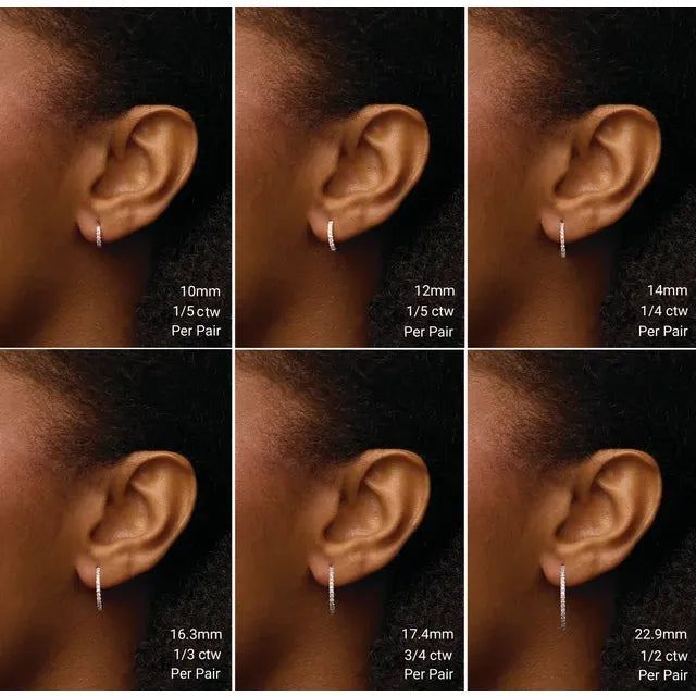 Collage of earrings worn on an ear with size labels.