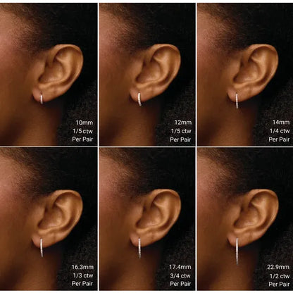 Collage of earrings worn on an ear with size labels.