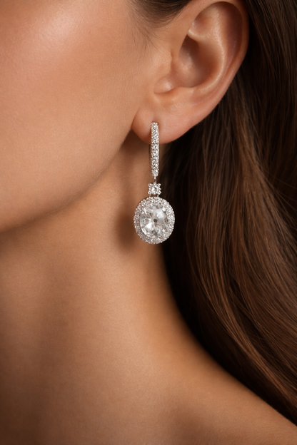 Lavon 5 Carats Oval Cut Halo Lab Grown Round Diamond Drop Earrings in 18K White Gold