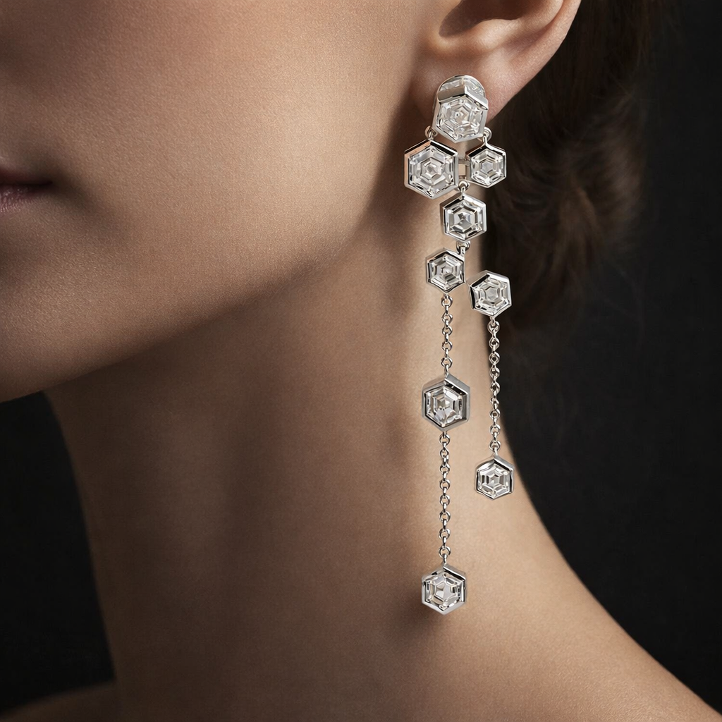 Leeron 9 Carats Hexagonal Geometric Lab Grown Diamond Drop Earrings in 14K White Gold