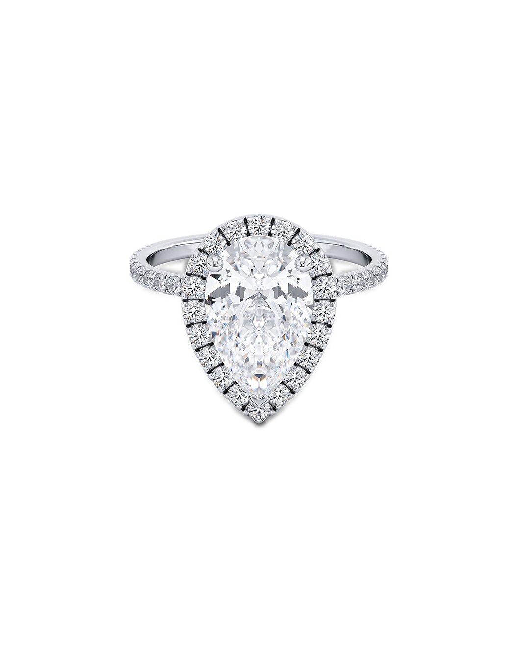 Diamond ring with pear-shaped center stone on a white background