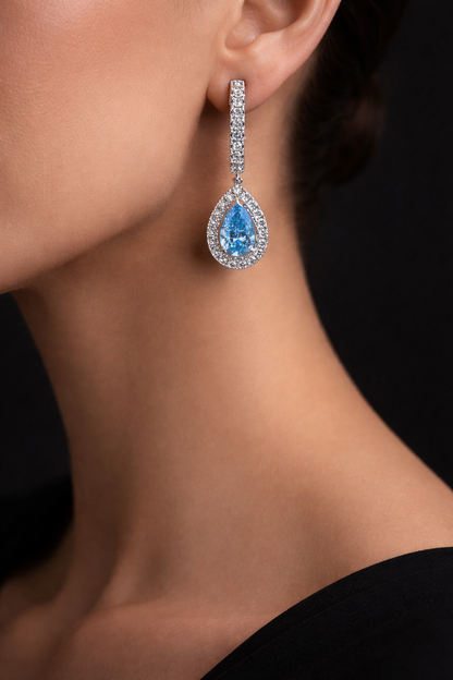 Lenna 3 Carats Pear Cut Lab Grown Fancy Vivid Blue Diamond Teardrop Earrings in 18K White Gold