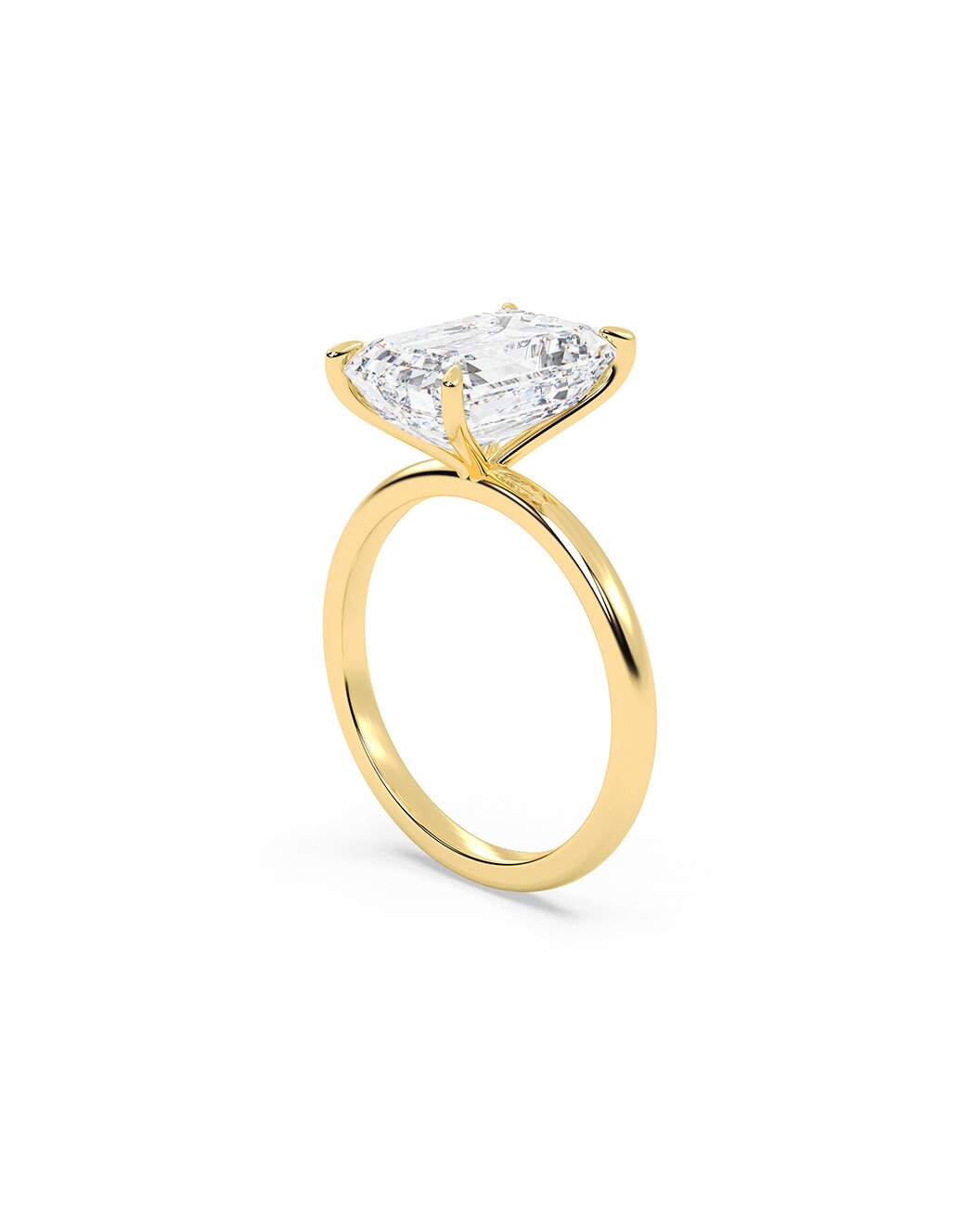 Gold ring with a large diamond on a white background