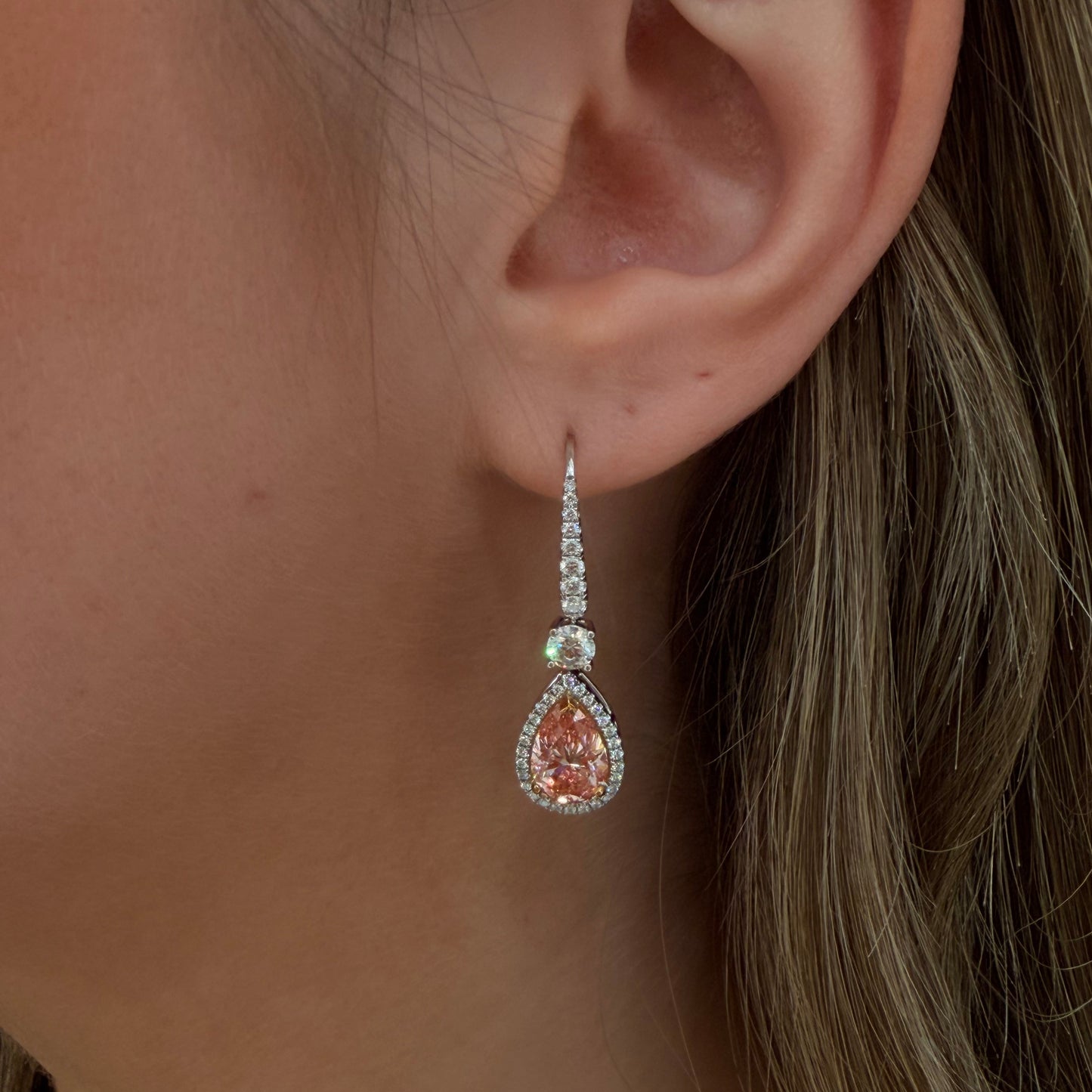 Leorielle 4.02 Carat Pear Cut Pink Diamond Earrings in 18k White and Yellow Gold