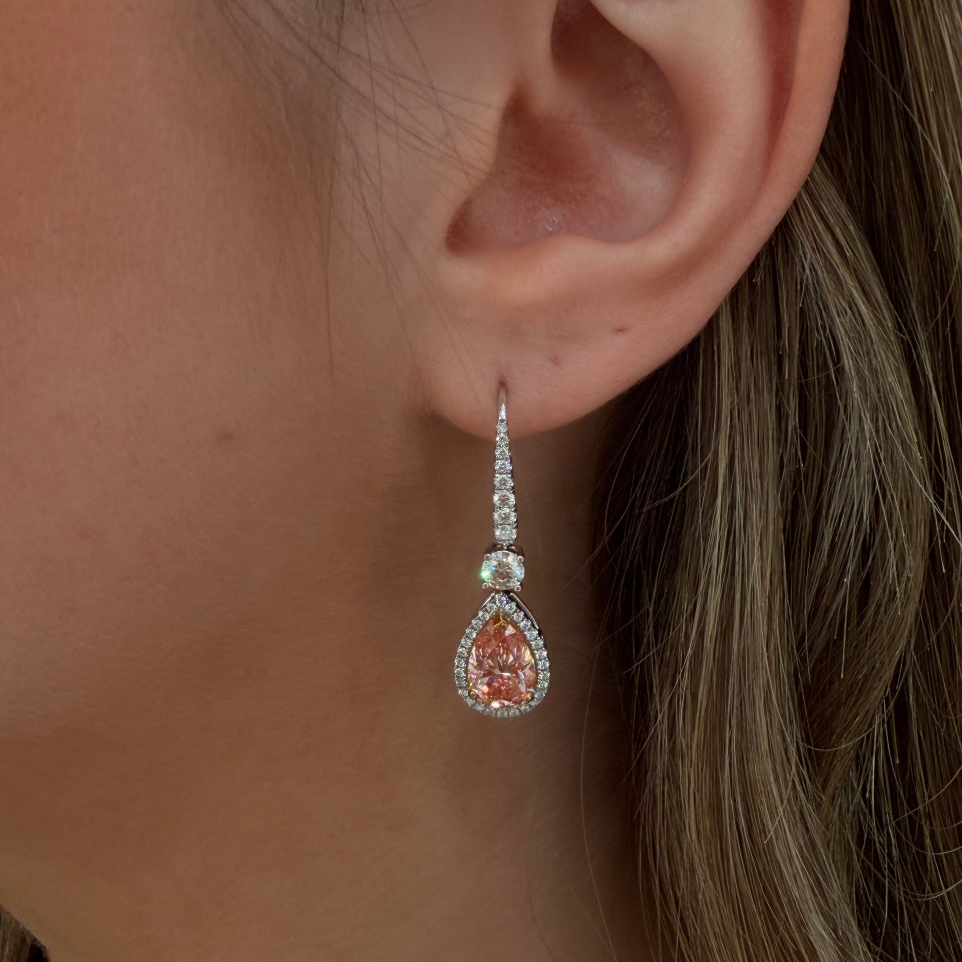 Leorielle 4.02 Carat Pear Cut Pink Diamond Earrings in 18k White and Yellow Gold